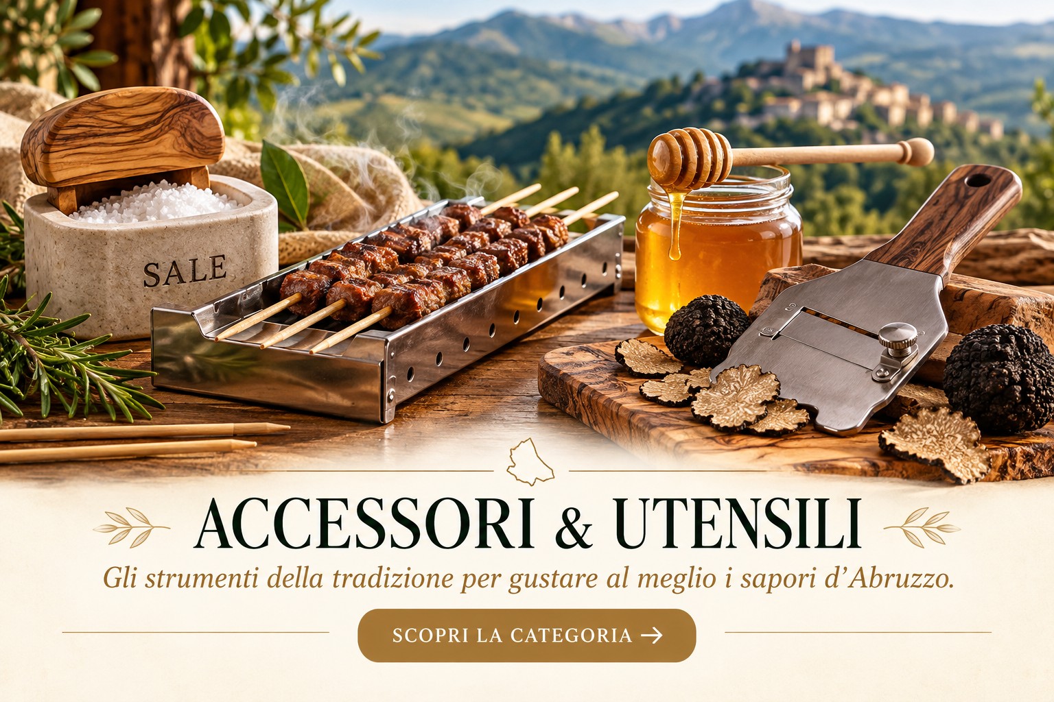 Accessori e Utensili: gli strumenti della tradizione per gustare al meglio i sapori d’Abruzzo. Saliera, canaletta per arrosticini, prendimiele e affettatartufi.