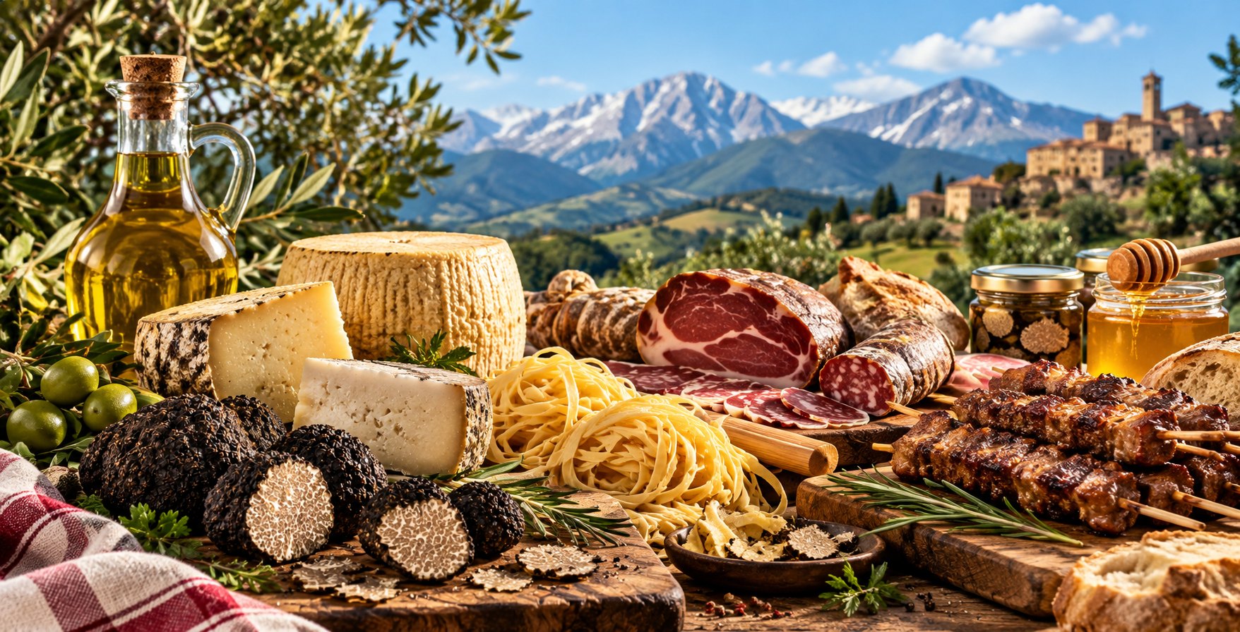 Selezione di prodotti tipici abruzzesi: formaggi, pasta, salumi, olio, tartufi e miele