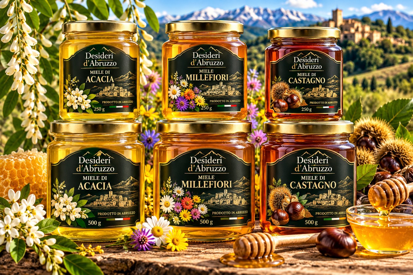 Selezione miele Desideri d’Abruzzo: Millefiori, Acacia e Castagno, vasetti da 250 e 500 grammi